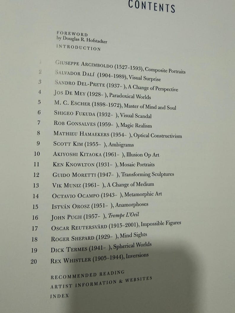 May include: A book contents page with a list of artists and their works, including Salvador Dal&iacute; and M.C. Escher. The text is in black on a cream background. The title "CONTENTS" is at the top.