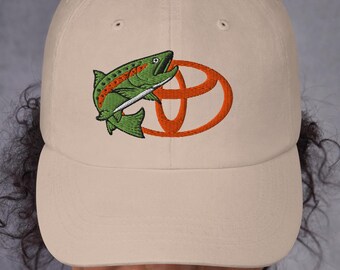 Toyota 4runner owners who love to go rainbow Trout Fly Fishing Dad hat for fishermen and women while overlanding camping
