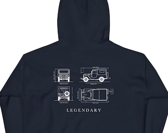 Toyota Land Cruiser Hoodie with blueprint of FJ40 on back and TEQ badge on front Hooded Sweatshirt