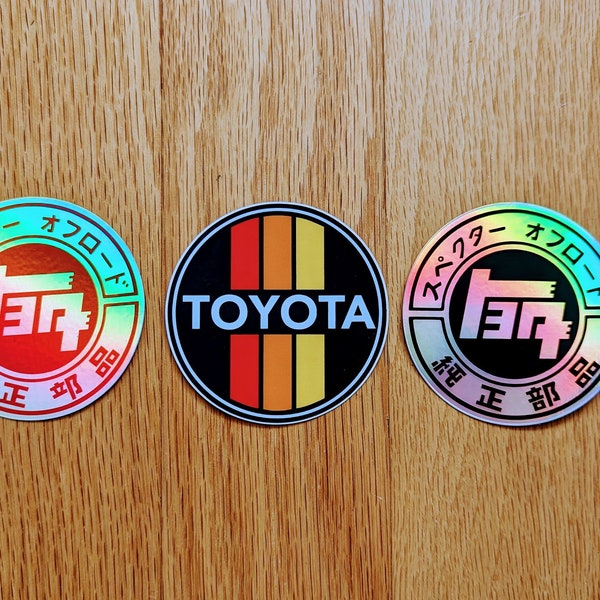 Retro Vintage Toyota Stickers 3 inch round Overland decals holographic style TEQ stripes 4runner tacoma land cruiser camry corolla trd pro
