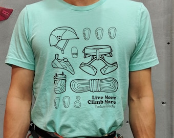 Rock Climbing Shirt for Rock Climbers Boulderers Bouldering Safety Tools gear carabiner chalk bag quick draws harness helmet shoes