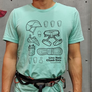 Rock Climbing Shirt for Rock Climbers Boulderers Bouldering Safety Tools gear carabiner chalk bag quick draws harness helmet shoes