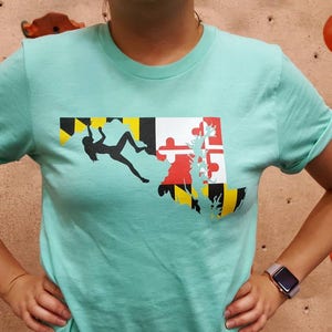 Cool Women&#39;s Rock Climbing Maryland State Flag shirt - MD Pride Apparel - Gift for climbers bouldering - girl power, female climber