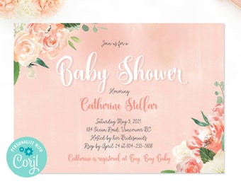 Peach Floral Baby Shower Invitation, Gender Neutral, Baby Sprinkle Invitation, Baby Shower Girl, Peach Baby Shower, Printable Invitation