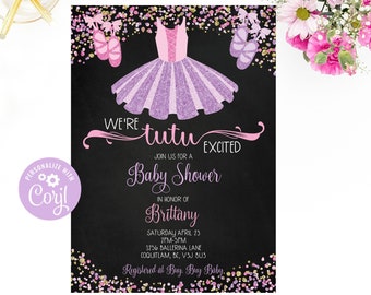 We're Tutu Excited Baby shower Invitation, Ballerina Baby Shower, Corjl Invitation, Pink Ballet Tutu, Girl Baby Shower, Tutu Baby Shower