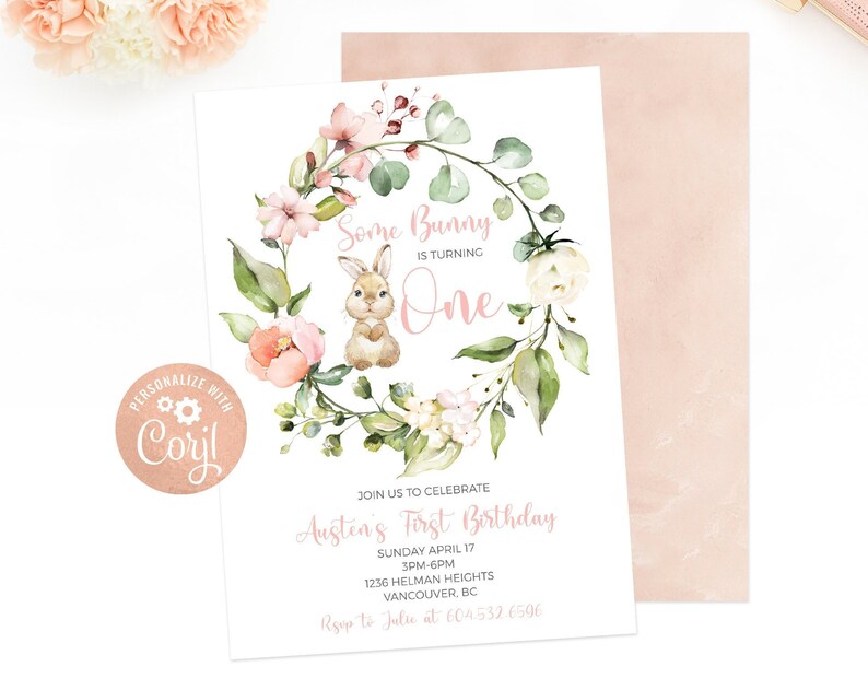 Some Bunny is One Easter Birthday Invite Bunny Birthday Invitation Corjl Invitation Girl First Birthday Invitation Turning