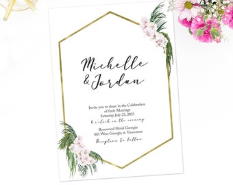 Tropical Wedding Invitation, Geometric wedding Invitation, Beach Wedding invitation Template, Greenery Wedding, Orchid, floral Invitation