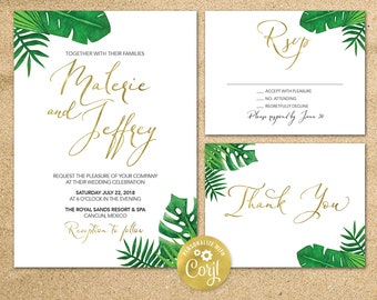 Tropical Wedding invitation, Destination wedding invite, Printable wedding invitation set, Palm Leaves, Beach wedding, Hawaii invite