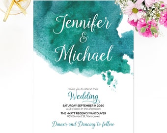 Green Watercolor Wedding Invitation, Watercolor Invite, Thank you card, Green Teal Watercolour, Printable Invitation, Wedding invite suite