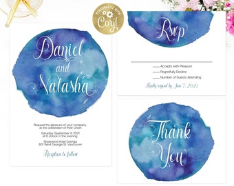 Blue Watercolor Wedding Invitation, Watercolor Invite, Printable Wedding Invitation, Invitation set, Watercolor Wedding invite, Blue Wedding