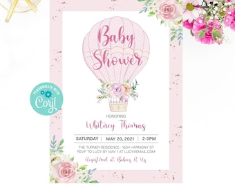 Hot Air Balloon Baby Shower Invitation, Girl Baby Shower, Pink Floral Baby Shower, Around the World, Adventure Baby Shower, Travel Theme