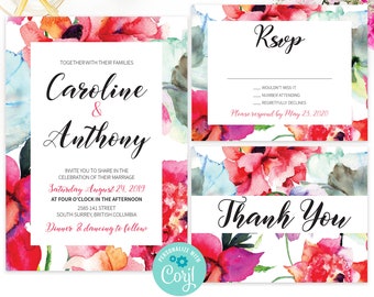 Watercolor Floral Wedding Invitation, Bright Floral wedding invitation, Watercolor Wedding Invite, Modern Wedding, Printable invitation set