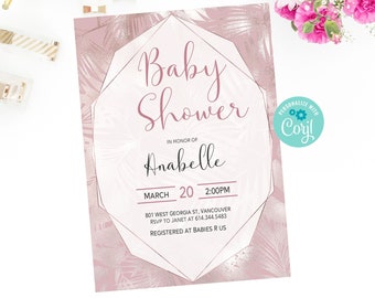 Tropical Baby Shower Invitation, Rose Gold baby Shower, Luau Shower, Gender Neutral Baby Shower, Modern Baby Shower, tropical Invitation