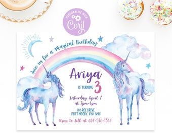 Unicorn Birthday Invitation, Unicorn Invitation, Rainbow Invitation, Unicorn Birthday Party, Magical birthday, Girl Birthday, Unicorn Party