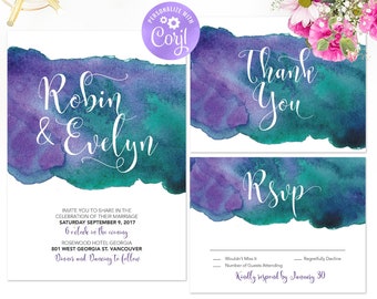 Watercolor Wedding Invitation, Purple Green watercolor wedding, Teal wedding invite, Printable Invitation suite, wedding template, Corjl