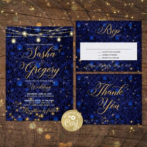 Printed Starry Night String Lights Blue Yellow Destination Couples Bridal Shower Engagement Twilight Beach #W12 Sunset Wedding Invitation