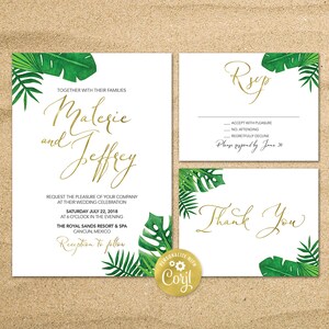 Destination Wedding Invitation, Tropical Wedding invitation, Beach Wedding, Tropical Palm Leaves, Hawaii Wedding, Printable Invitation image 1