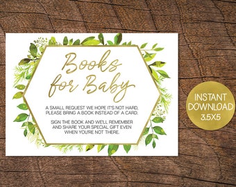 Greenery Books for Baby card, Printable Books for Baby insert, Baby Book Request, Baby Shower Ideas, Baby Shower, Instant Download, Gold