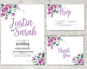 Printable Wedding Invitation set, Purple wedding Invitation floral, Floral Wedding Invitation, Wedding invitation set, Purple Flower Invite