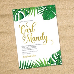 Destination Wedding Invitation, Tropical Wedding invitation, Beach Wedding, Tropical Palm Leaves, Hawaii Wedding, Printable Invitation image 3