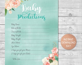 Baby Prediction Card, Prediction Cards, Baby Predictions, Fun Baby Shower game, Predictions for Baby,  Baby Shower Quiz, Floral Baby Shower