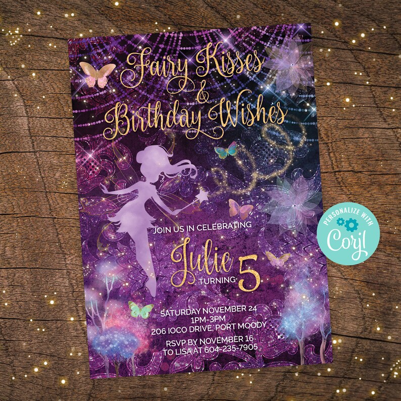 Fairy Kisses, Fairy birthday Invitation, Enchanted Forest invitation, whimsical Invitation, Fairy Invitation, Enchanted Invitation image 1