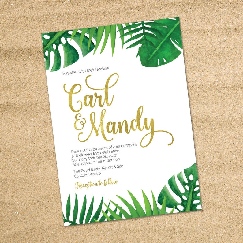 Destination Wedding Invitation, Tropical Wedding invitation, Beach Wedding, Tropical Palm Leaves, Hawaii Wedding, Printable Invitation image 3