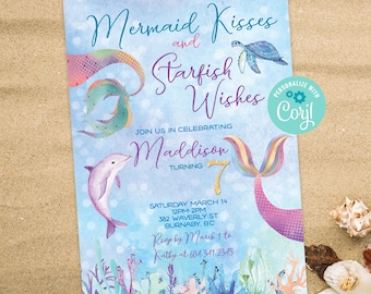 Mermaid Birthday Invitation, Mermaid invitation, Mermaid first Birthday, Mermaid kisses and Starfish Wishes, Mermaid party, Under the sea