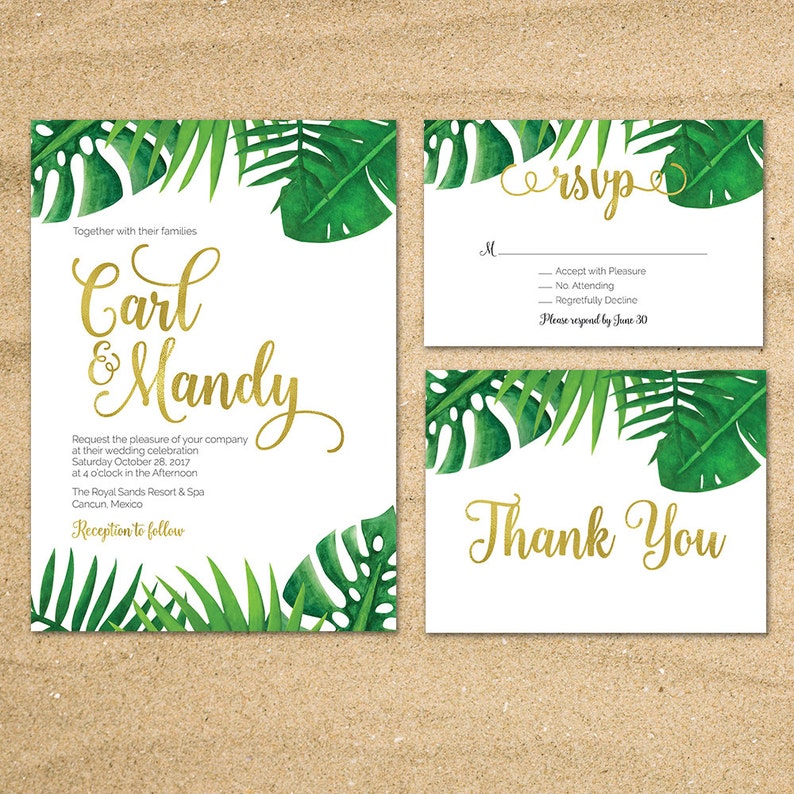 Destination Wedding Invitation, Tropical Wedding invitation, Beach Wedding, Tropical Palm Leaves, Hawaii Wedding, Printable Invitation image 4