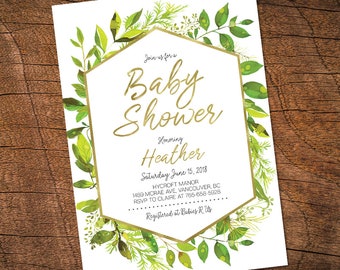 Greenery Baby Shower Invitation, Geometric Baby Shower, Gender Neutral Baby Shower, Greenery Invitation, Printable invitation, Gold, leaves