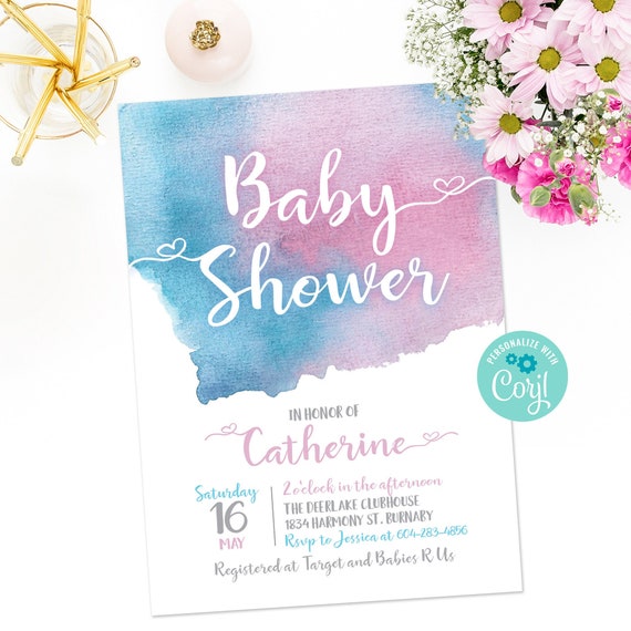 Gender Neutral Baby Shower Invitation Pink and Blue Baby Etsy Canada