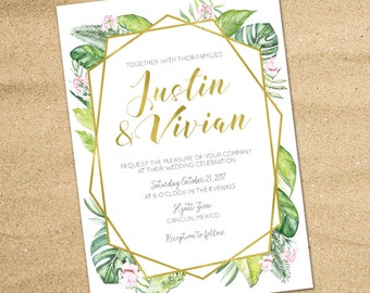 Tropical Wedding invitation, Destination Wedding Invitation Suite, Beach Wedding, Hawaiian Wedding,  Editable  Invitation, Tropical Leaves