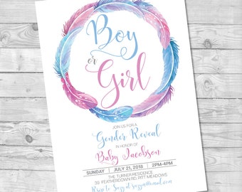 He or She Gender Reveal invitation, Gender Reveal Ideas, Boy or Girl Gender Reveal, Boho Gender Reveal invite, Blue or pink gender Reveal