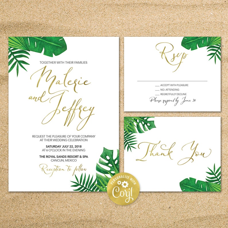 Destination Wedding Invitation, Tropical Wedding invitation, Beach Wedding, Tropical Palm Leaves, Hawaii Wedding, Printable Invitation image 1