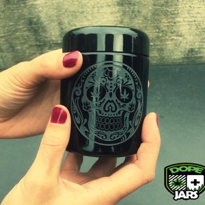 Dope Jars - 250ml Herb Storage, Stash Jar - with Dope Designs Deep Etched (Skull)
