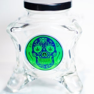 Dope Jars - Footed Glass Herb Storage, Stash Jar, fits about an ounce of bud (Green Skull)
