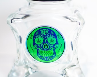 Dope Jars - Footed Glass Herb Storage, Stash Jar, fits about an ounce of bud (Green Skull)