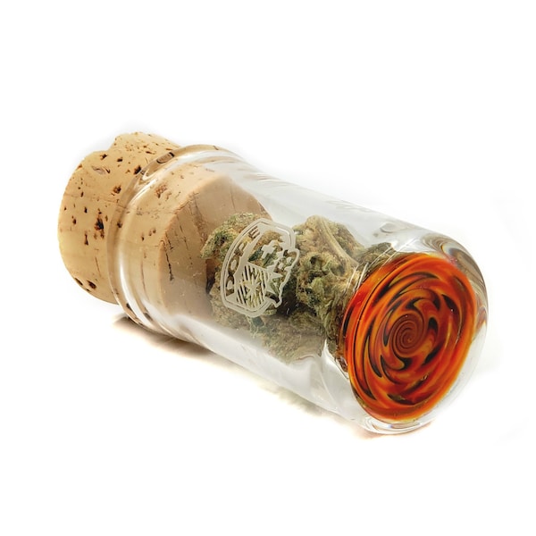 Pots de dope - 100 ml de stockage d'herbes artisanales, avec fermeture en liège, gravé à la main. (Orange et noir)