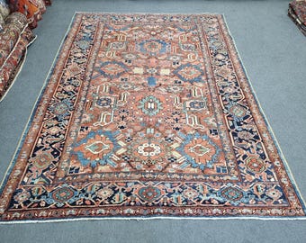 7'3''x10' Antique Heriz Rug : Hand-Woven Wool Turkish Rug, 7x10 Coral-Green-Blue Vintage HerizCarpet