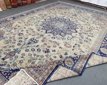 9x12 Semi Antique Turkish Rug: 1950s Cream-Blue Wool Rug, 8'10''x12'3'' Vintage Oushak Carpet