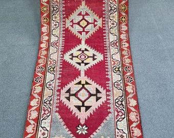 2'10"×12'3" Vintage Herki Runner Rug: Wool Stair Tribal Carpet, 3x12 Red-Orange-Green-Pink RunnerCarpet