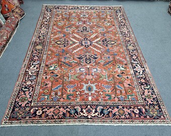 6'7''x9'7'' Antique Heriz Rug : Hand-Woven Wool Floral Design Rug, 7x10 Red-Blue Vintage HerizCarpet