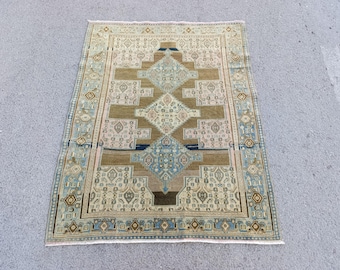 4'×5'1" Vintage Area Turkish Rug: 4x5 Neutral Colors Wool Antique Carpet