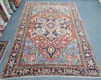 7'11''x11'9" Semi Antique Heriz Rug: 8x12 Vintage Tribal Carpet, Vegetable Dyes 1930s