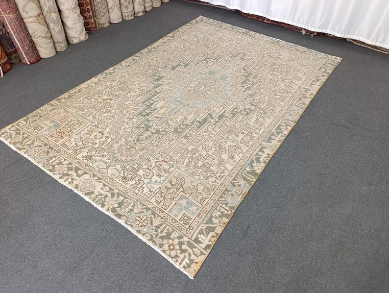 May include: A rectangular area rug with an intricate, faded design in shades of beige, light blue, and brown. The rug features a central pattern surrounded by a detailed border. The rug is placed on a gray surface.