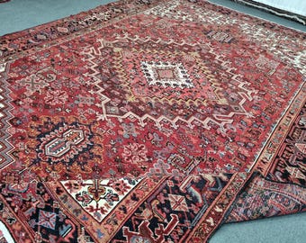 8'3''x11'7" Semi Antique Heriz Rug: 8x12 Vintage Tribal Carpet, Vegetable Dyes