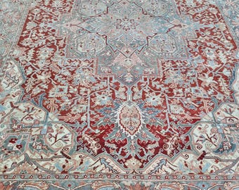 9'8''x13'2'' Vintage Heriz Rug: 1930s Red-Green Wool Rug 10x13 ft Presian Carpet