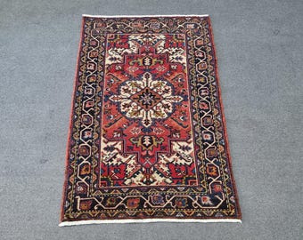 3x5 Semi Antique Turkish Rug : 3'1''x4'8'' Red-Blue Vintage Wool Rug