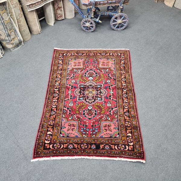 Antique 3x5 Persian Rug,3x5 Vintage Persian Rug,3.4x4.9 ft Antique 3x5 Persian Rug,3x5 Medium Pile Persian Rug,3x5 Red-Blue Sarouk Rug 7946