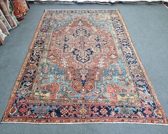 6'10''x10'5'' Antique Heriz Rug : Hand-Woven Wool Turkish Rug, 7x10 Blue Vintage HerizCarpet